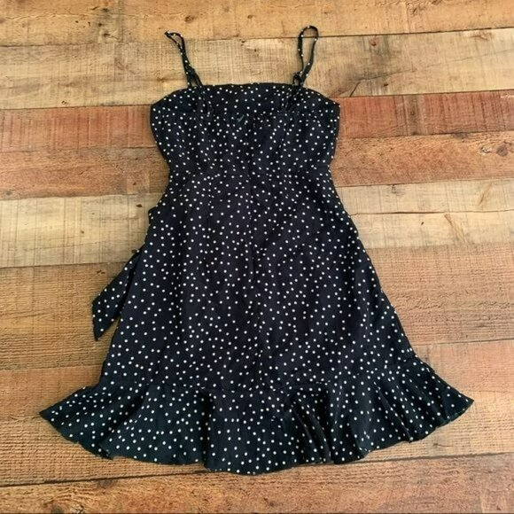 Princess Polly caesura wrap tie ruffled mini dress teal and white polka dot - 0 - Picture 5 of 7